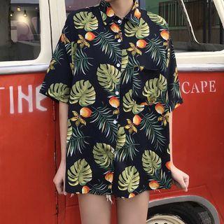 Elbow-sleeve Tropical Print Shirt Leaf - Blue - One Size