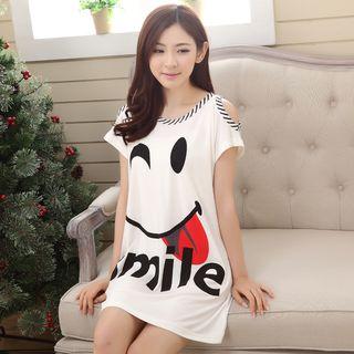 Short-sleeve Cutout Shoulder Printed Nightdress