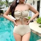 Set: Frill Trim Lace-up Tube Bikini Top + Bikini Bottom