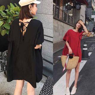 Lace-up Back Plain Dress