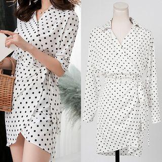Long-sleeve Polka Dot Asymmetric Mini Dress