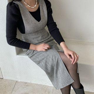 V-neck Herringbone Long Pinafore Dress Black - One Size