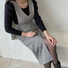 V-neck Herringbone Long Pinafore Dress Black - One Size