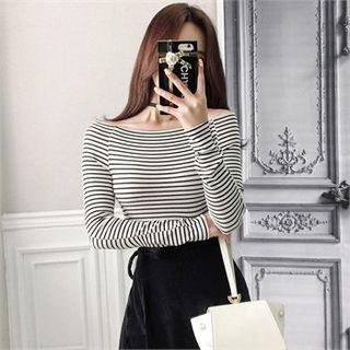 Off-shoulder Plain / Stripe Slim-fit Top