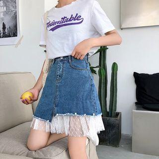 Faux Pearl Lace Hem Denim Skirt