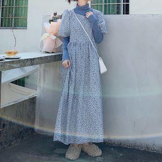 Turtleneck Long-sleeve T-shirt / Flower Print Short-sleeve Maxi A-line Dress