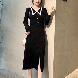 Long-sleeve Midi Collared A-line Dress