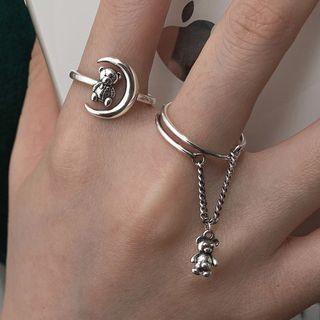 Bear Moon Sterling Silver Open Ring / Bear Chained Sterling Silver Open Ring