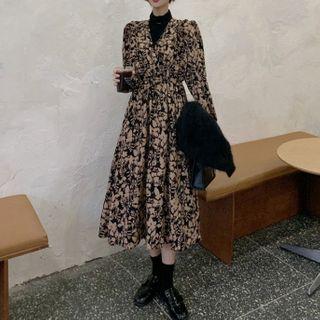Mock Two-piece Long-sleeve Floral Midi A-line Dress