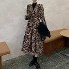 Mock Two-piece Long-sleeve Floral Midi A-line Dress