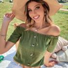 Off-shoulder Short-sleeve Button-up Chiffon Blouse