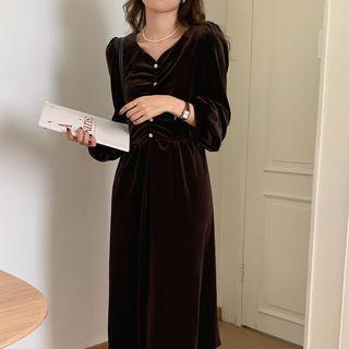 Long-sleeve V-neck Midi Velvet Dress