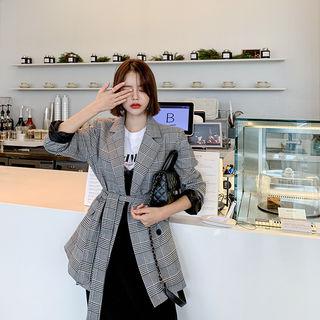 Double-breasted Plaid Blazer With Sash Black - One Size