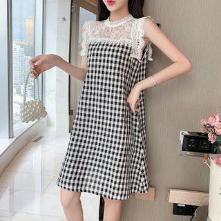 Sleeveless Lace Panel Plaid A-line Dress / Top / Shorts