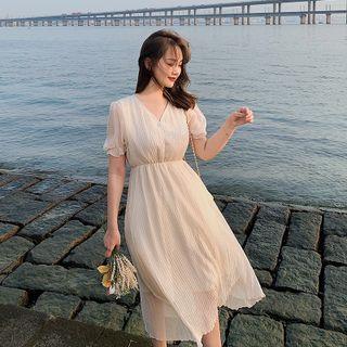 Puff-sleeve Ribbed A-line Dress