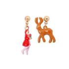 Fashion Creative Plated Gold Enamel Little Red Riding Hood Elk Asymmetric Stud Earrings Golden - One Size