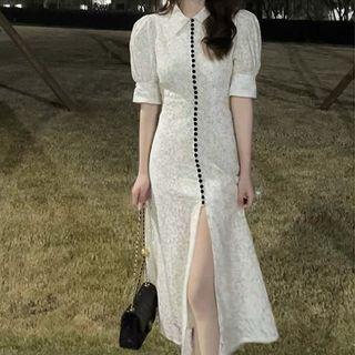 Short-sleeve Lace Slit Midi A-line Dress