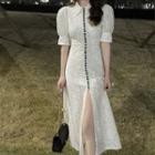Short-sleeve Lace Slit Midi A-line Dress