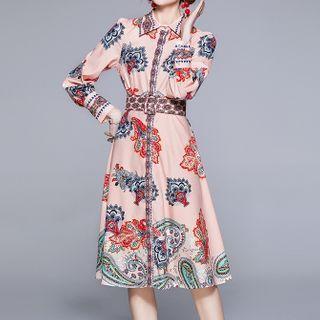 Long-sleeve Print Belted Midi A-line Shirtdress