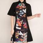 Elbow-sleeve Printed Panel Qipao Dress