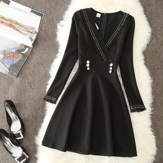 V-neck Contrast Trim Long-sleeve Mini A-line Dress