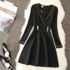 V-neck Contrast Trim Long-sleeve Mini A-line Dress