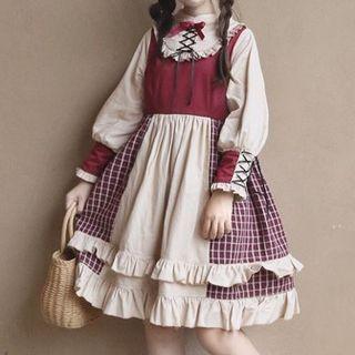 Plaid Panel Long-sleeve A-line Dress / Bow Hair Band / Set