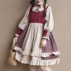 Plaid Panel Long-sleeve A-line Dress / Bow Hair Band / Set