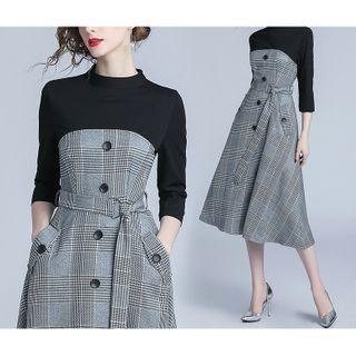 Long-sleeve Plaid Belted Midi A-line Dress