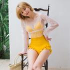 Set: Ruffled Swimsuit + Long-sleeve Cropped Mesh Top