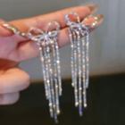 Rhinestone Bow Fringed Drop Earring 1 Pair - Silver Needle - Silver - One Size