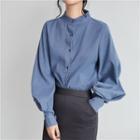Long-sleeve Mock-neck Button-up Blouse