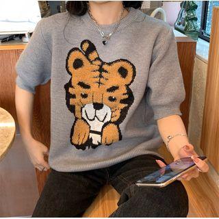Elbow-sleeve Tiger Jacquard Knit Top