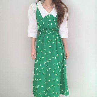 Balloon-sleeve Shirt / Dotted Midi A-line Pinafore Dress