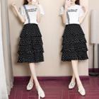 Set: Lace Trim Short-sleeve T-shirt + Dotted Layered A-line Skirt