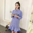 Ruffle Hem Embroidered Striped Shirtdress