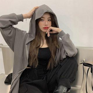 Plain Zipped Hooded Jacket Gray - One Size