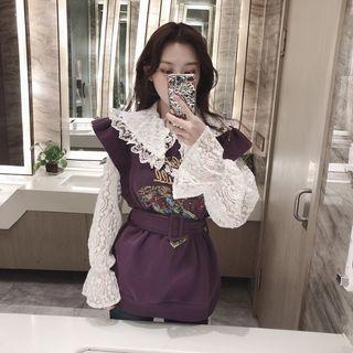 Lace Blouse / Print Vest With Belt
