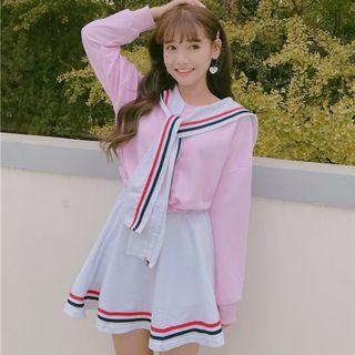 Set: Sailor Collar Pullover + Striped Flared Skirt