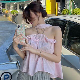 Halter-neck Ruffle Trim Cutout-back Crop Top