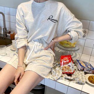 Set: Drop-shoulder Letter Print Pullover + Sweat Shorts