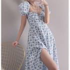 Puff-sleeve Floral Slit Maxi A-line Dress