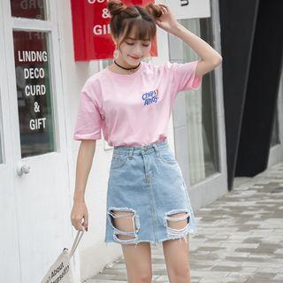 Ripped Denim Mini A-line Skirt