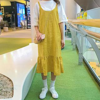 Spaghetti-strap Frilled Linen Blend Midi Dress