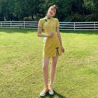 Contrast Trim Short-sleeve Printed Slit Mini A-line Qipao