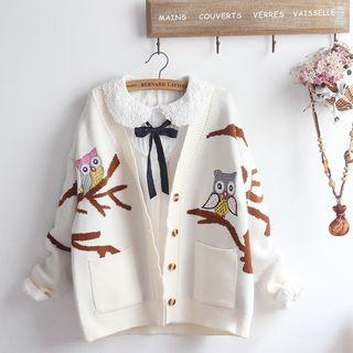 Cartoon Embroidered Cardigan / Lace Collar Blouse / Set