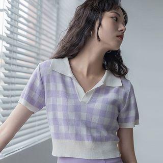 Polo-neck Plaid Cropped Top