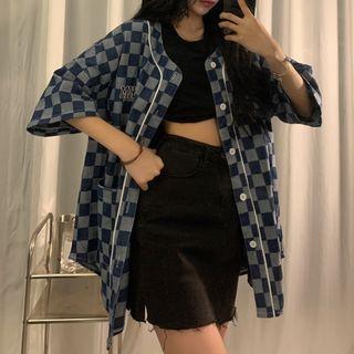 Short Sleeve Checkerboard Button-up Shirt Jacket