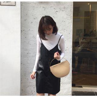 Plain Mock Neck Long Sleeve T-shirt / Faux Leather Spaghetti Strap Dress