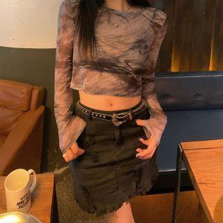 Long-sleeve Tie-dye Sheer Crop Top Black - One Size